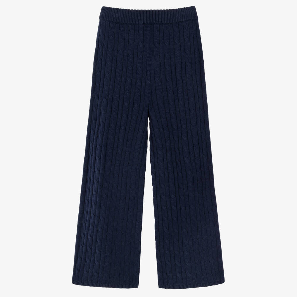 Ralph Lauren-Girls Navy Blue Cotton Cable-Knit Trousers | Childrensalon