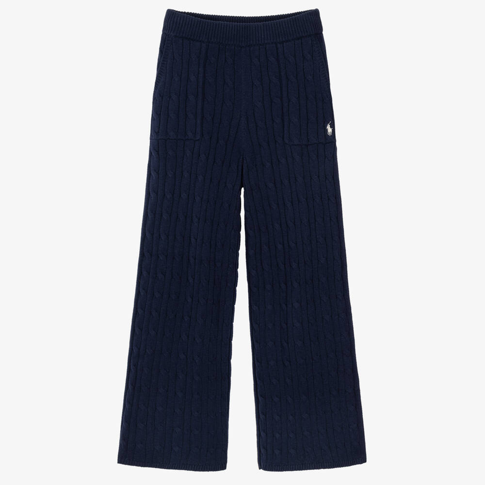 Ralph Lauren-Girls Navy Blue Cotton Cable-Knit Trousers | Childrensalon