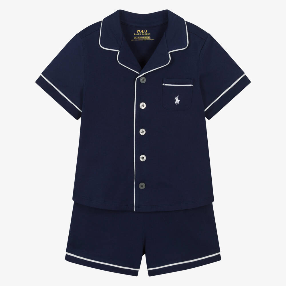 Ralph Lauren-Girls Navy Blue Cotton Jersey Short Pyjamas | Childrensalon