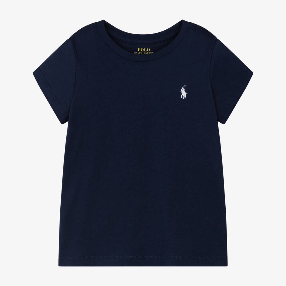 Ralph Lauren-Girls Navy Blue Cotton Jersey T-Shirt with Pony Logo | Childrensalon