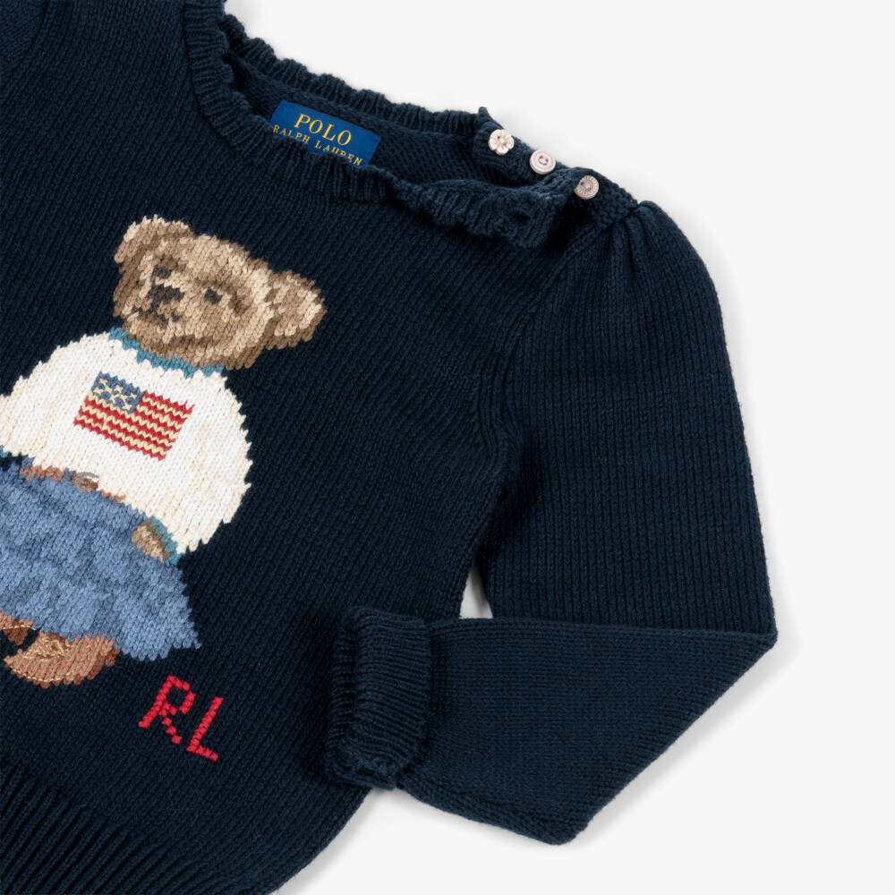 Ralph Lauren-Girls Navy Blue Cotton Knit Polo Bear Sweater | Childrensalon