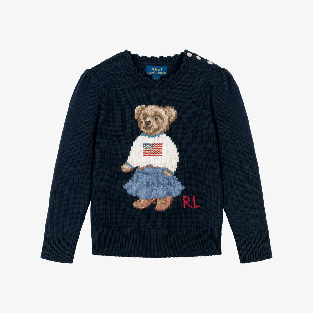 Ralph Lauren-Girls Navy Blue Cotton Knit Polo Bear Sweater | Childrensalon