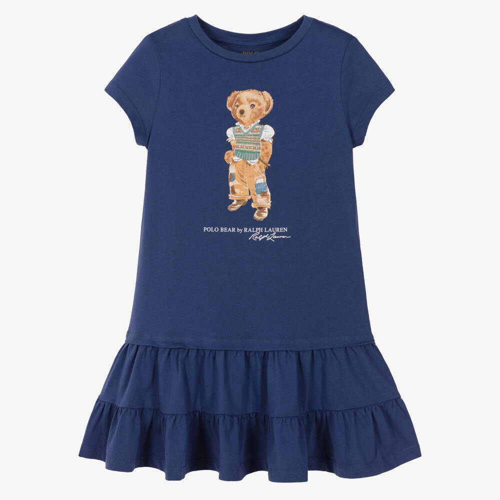 Ralph Lauren-Girls Navy Blue Cotton Polo Bear Dress | Childrensalon
