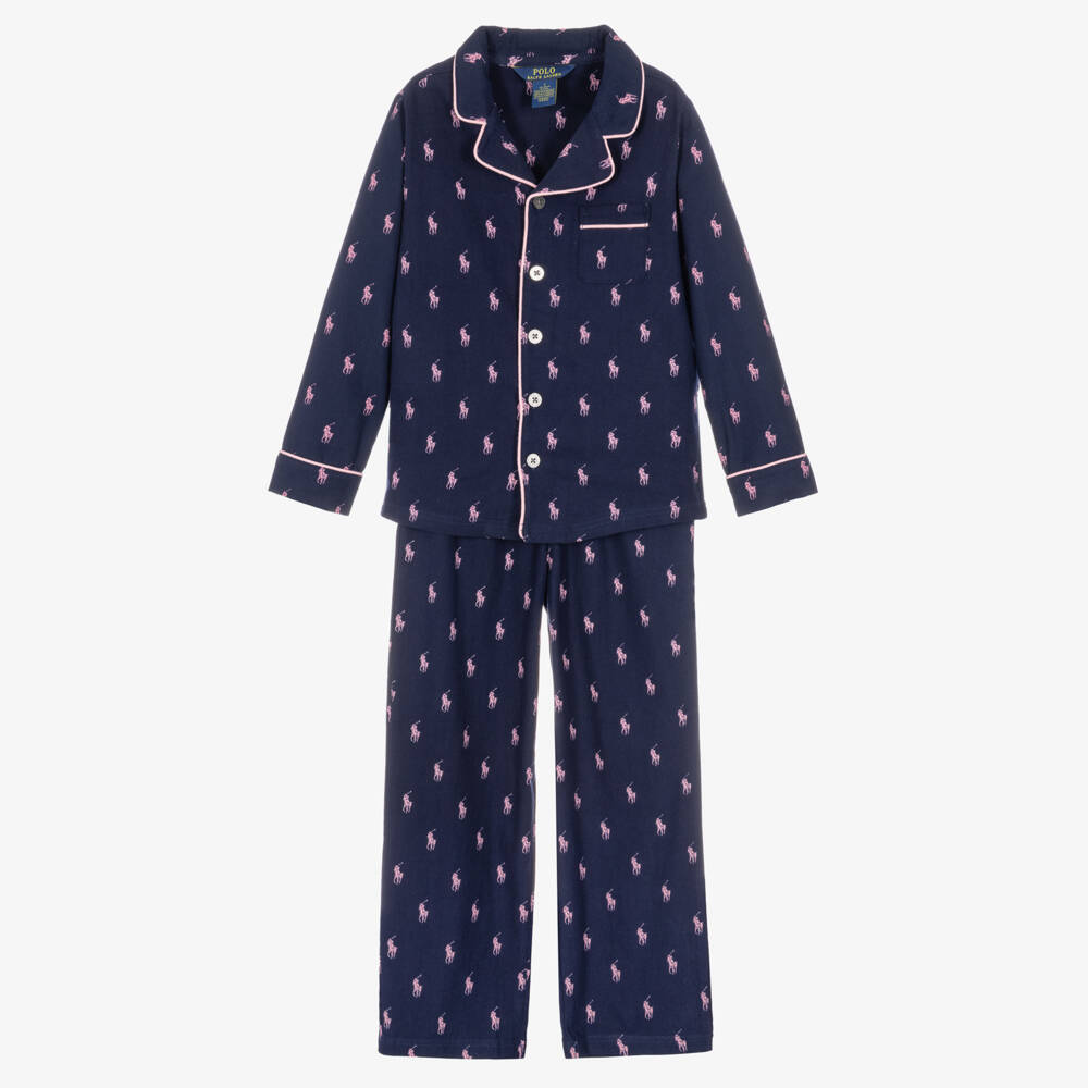 Ralph Lauren-Girls Navy Blue Cotton Pyjamas in Pink Pony Print | Childrensalon