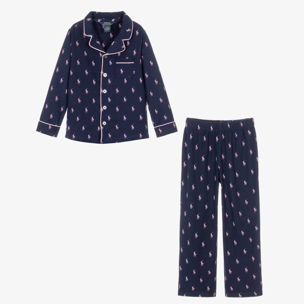Ralph Lauren-Girls Navy Blue Cotton Pyjamas in Pink Pony Print | Childrensalon