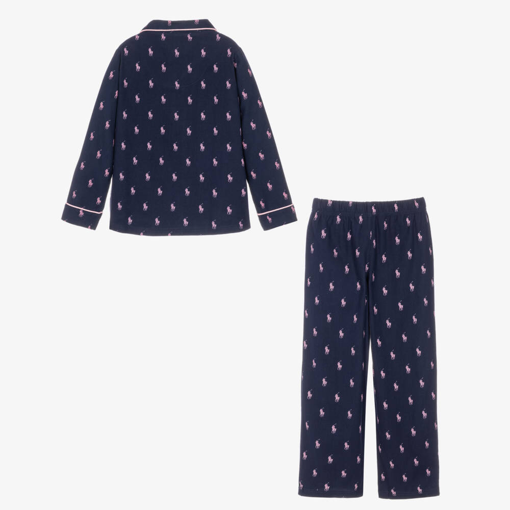 Ralph Lauren-Girls Navy Blue Cotton Pyjamas in Pink Pony Print | Childrensalon