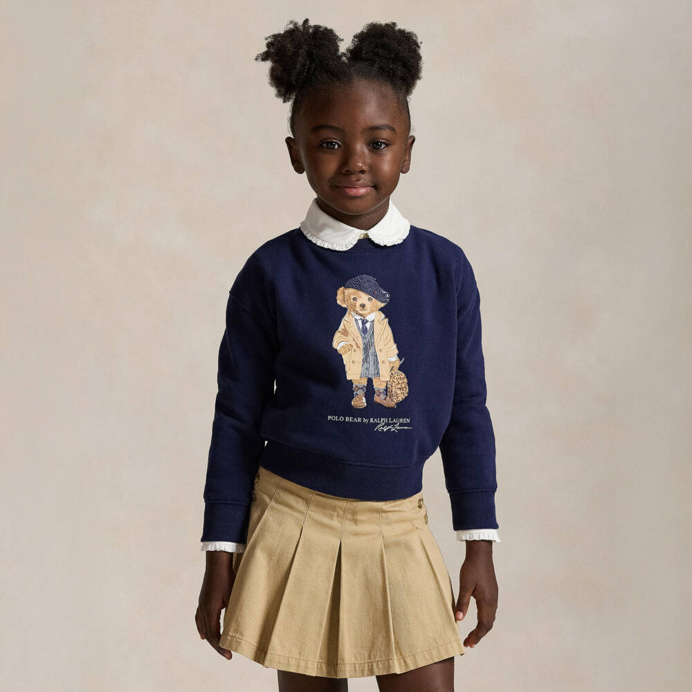 Ralph Lauren-Girls Navy Blue Cotton Sweatshirt with Polo Bear Motif | Childrensalon