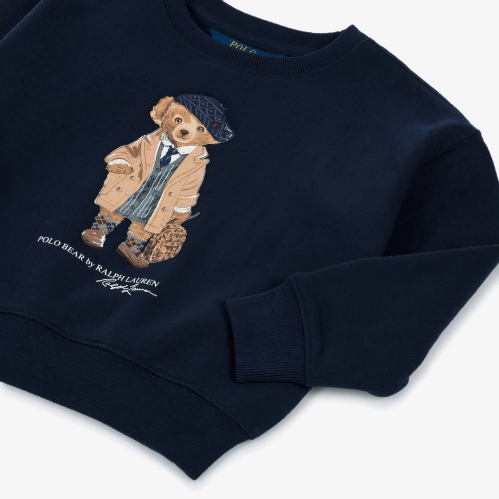 Ralph Lauren-Girls Navy Blue Cotton Sweatshirt with Polo Bear Motif | Childrensalon
