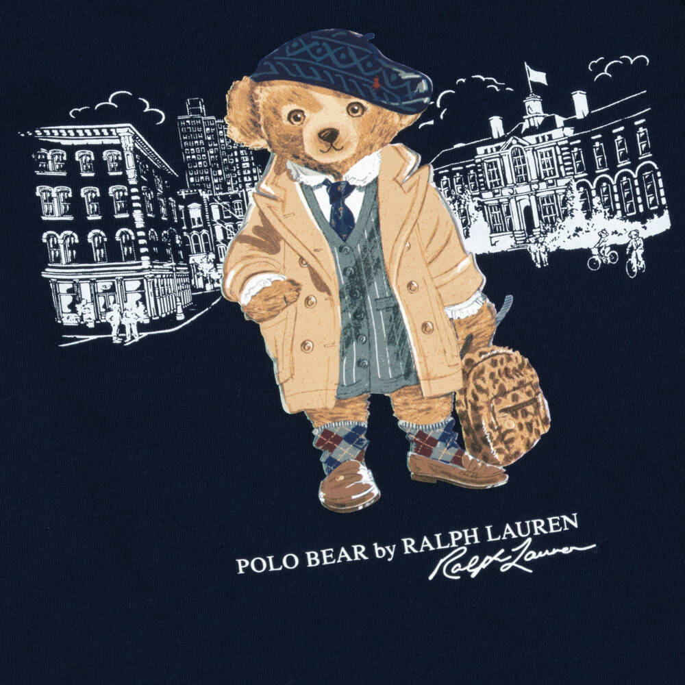 Ralph Lauren-Girls Navy Blue Cotton T-Shirt with Polo Bear Graphic | Childrensalon