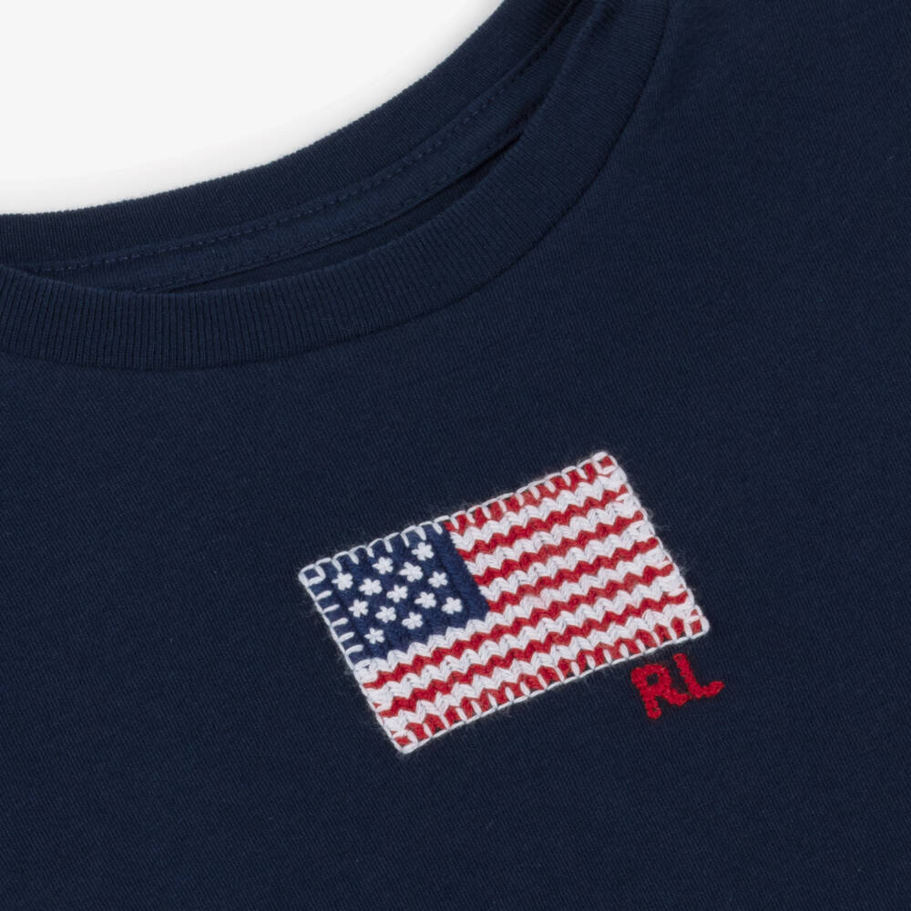 Ralph Lauren-تيشيرت قطن مطرز بشعار العلم لون كحلي للبنات | Childrensalon