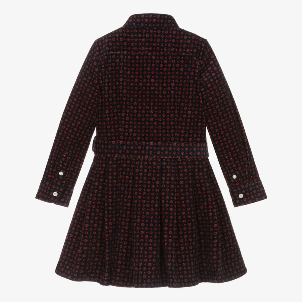 Ralph Lauren-Girls Navy Blue Floral Belted Corduroy Shirt Dress | Childrensalon