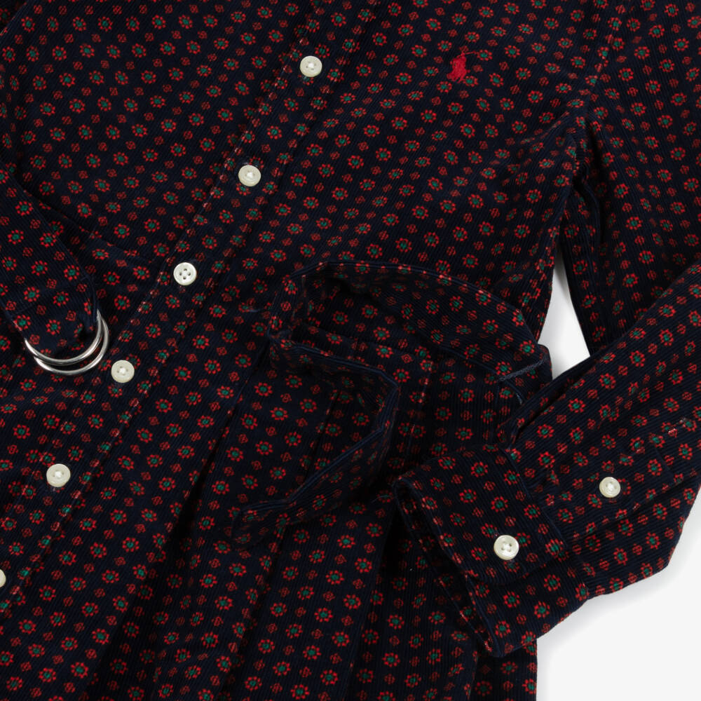 Ralph Lauren-Girls Navy Blue Floral Belted Corduroy Shirt Dress | Childrensalon