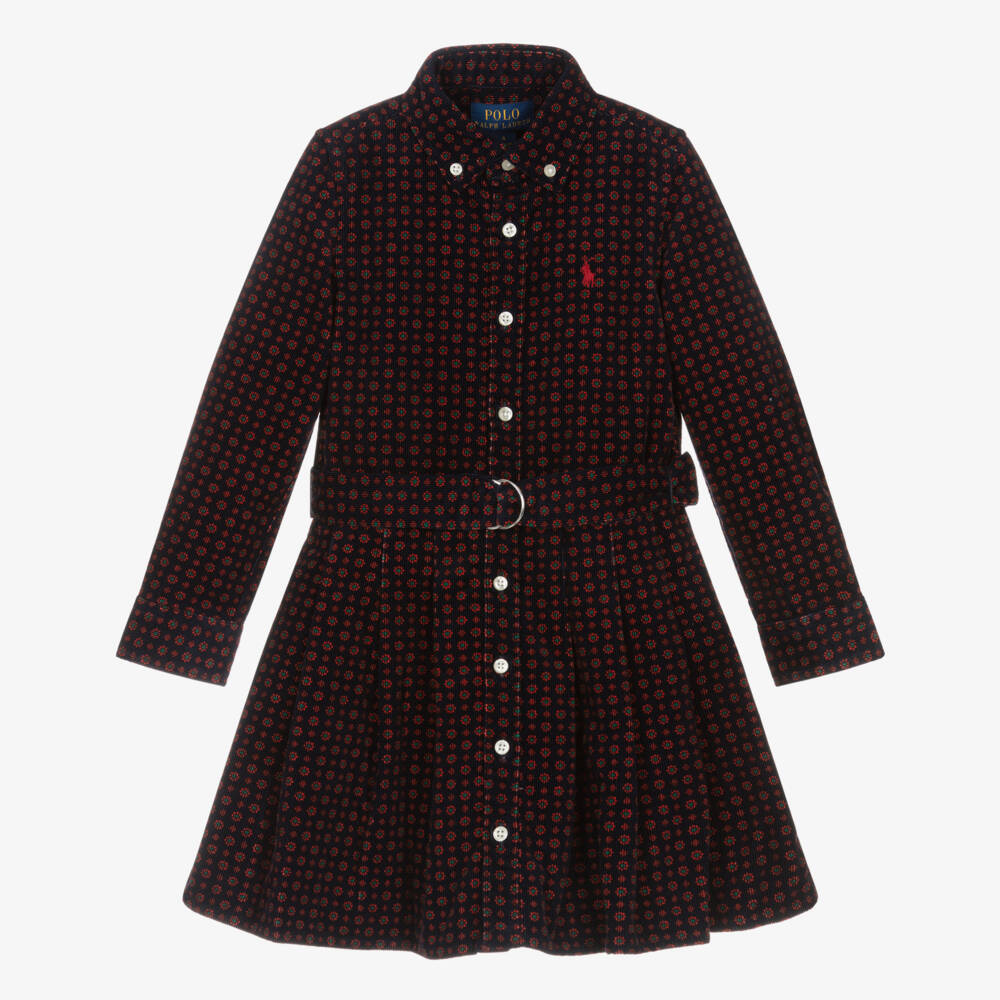 Ralph Lauren-Girls Navy Blue Floral Belted Corduroy Shirt Dress | Childrensalon
