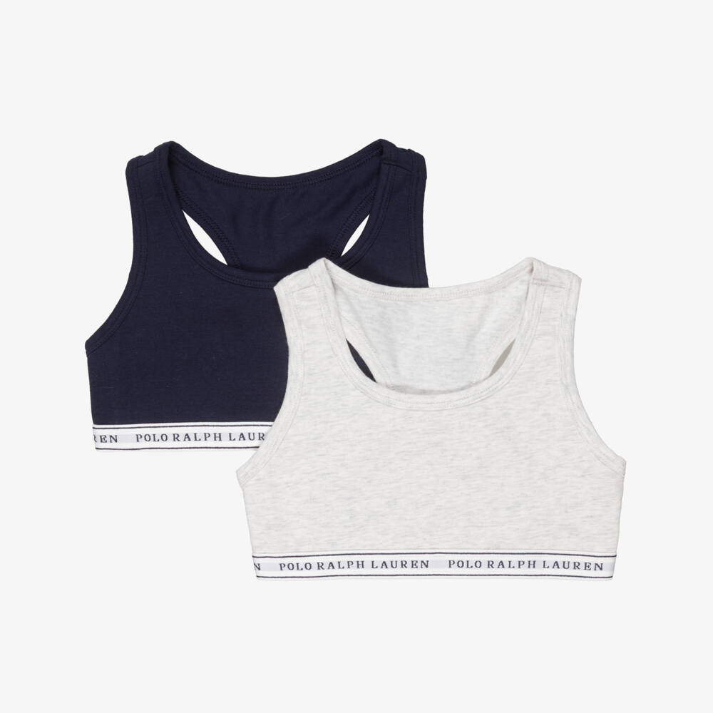 Ralph Lauren-Girls Navy Blue & Grey Cotton Logo Bra Tops (2 Pack) | Childrensalon