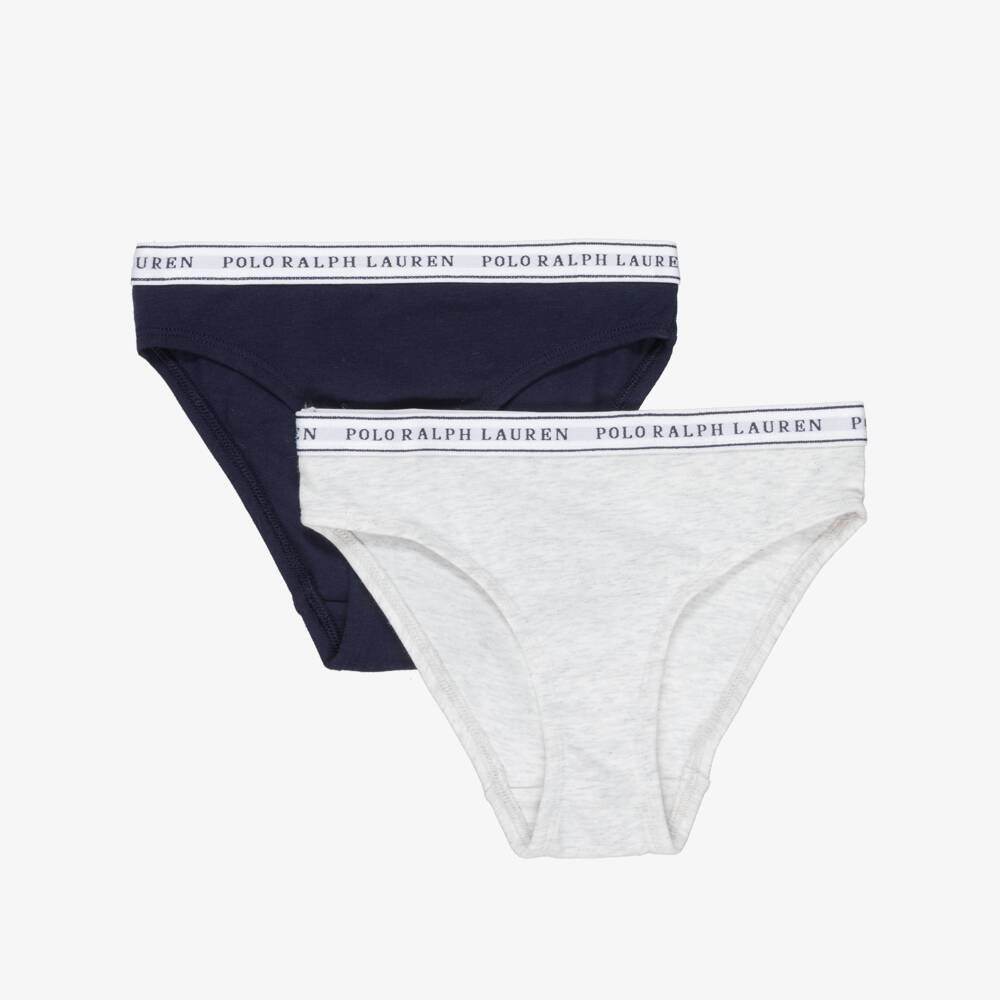 Ralph Lauren-Girls Navy Blue & Grey Cotton Logo Knickers (2 Pack) | Childrensalon