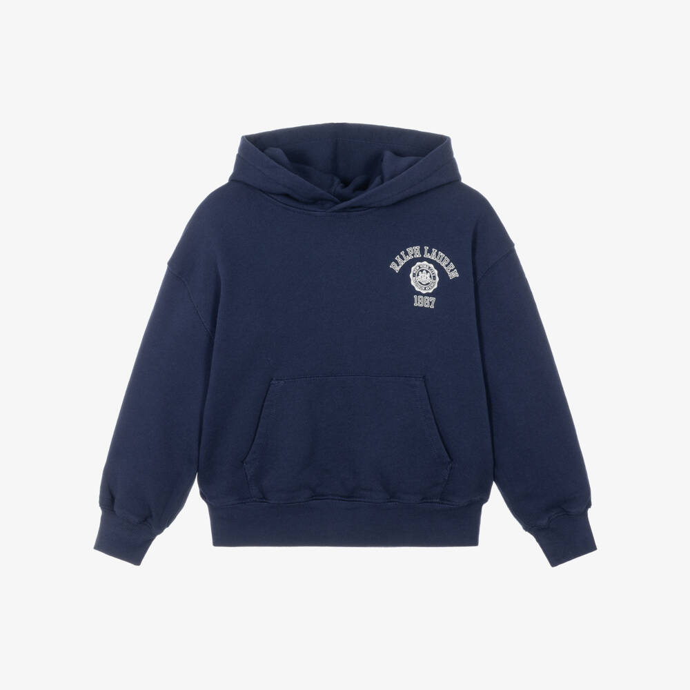 Ralph Lauren-Girls Navy Blue Hoodie with Varsity-Inspired Graphic | Childrensalon