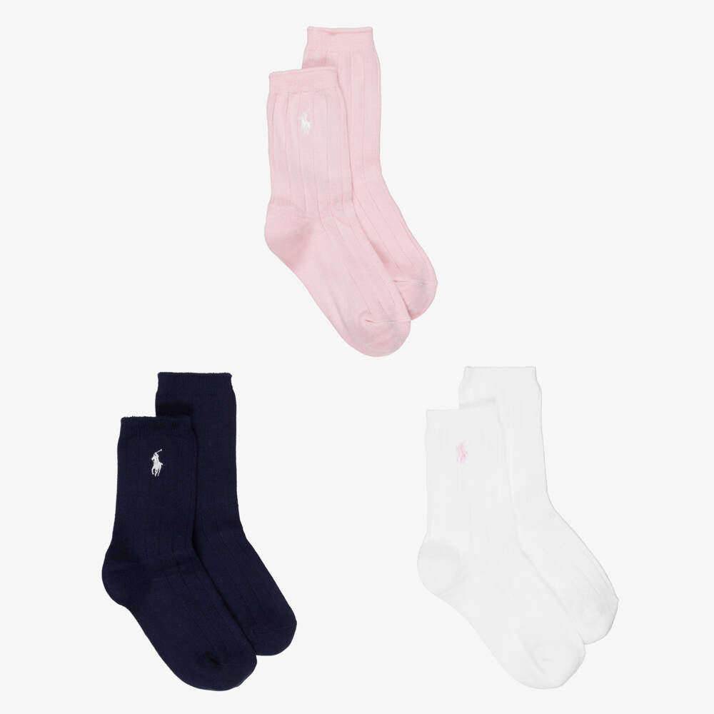 Ralph Lauren-Girls Navy Blue, Pink & White Socks (3 Pack) | Childrensalon