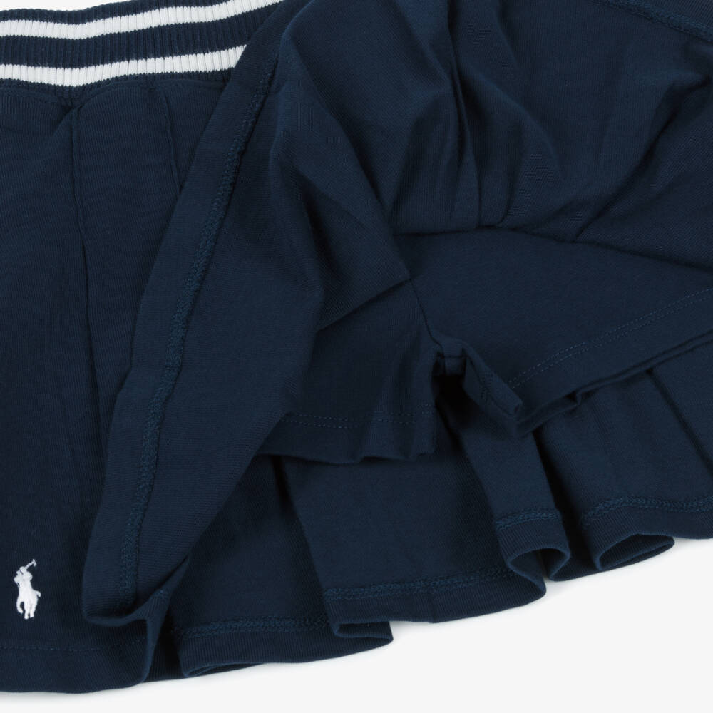 Ralph Lauren-Girls Navy Blue Pleated Cotton Skort with Pony Logo | Childrensalon