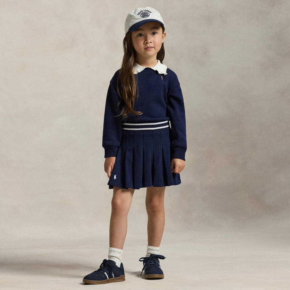 Ralph Lauren-Girls Navy Blue Pleated Cotton Skort with Pony Logo | Childrensalon