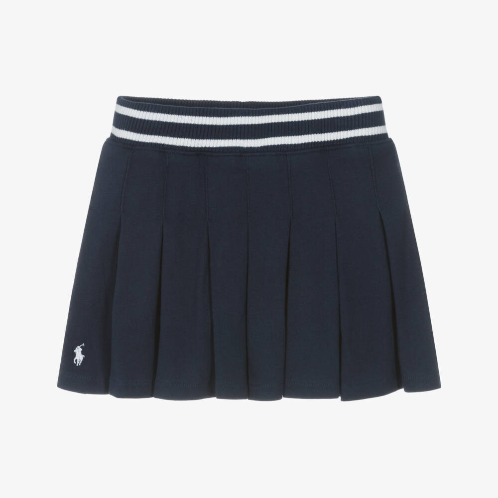 Ralph Lauren-Girls Navy Blue Pleated Cotton Skort with Pony Logo | Childrensalon