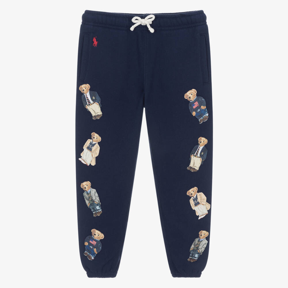 Ralph Lauren-Girls Navy Blue Polo Bear Print Cotton Joggers | Childrensalon
