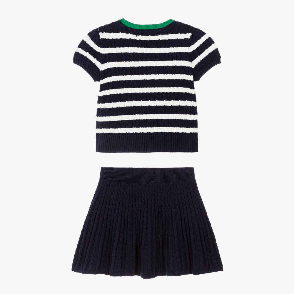 Ralph Lauren-Girls Navy Blue Striped Cable Knit Skirt Set | Childrensalon