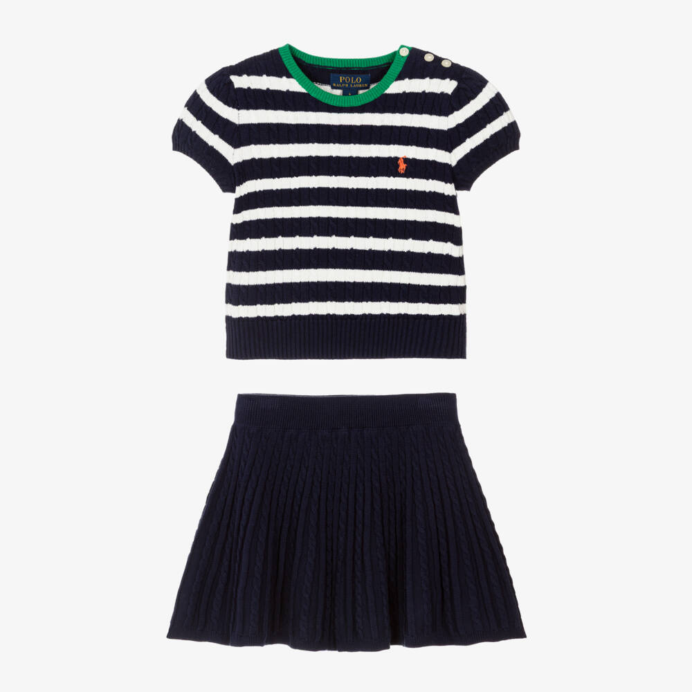 Ralph Lauren-Girls Navy Blue Striped Cable Knit Skirt Set | Childrensalon