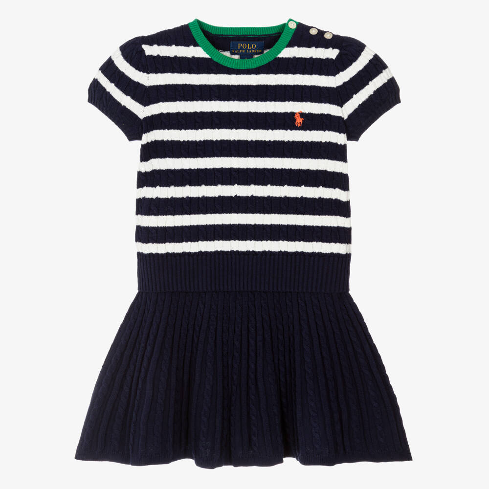 Ralph Lauren-Girls Navy Blue Striped Cable Knit Skirt Set | Childrensalon