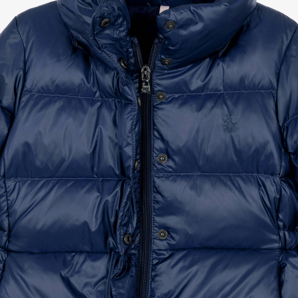 Ralph Lauren-Girls Navy Blue Water Repellent Puffer Coat | Childrensalon