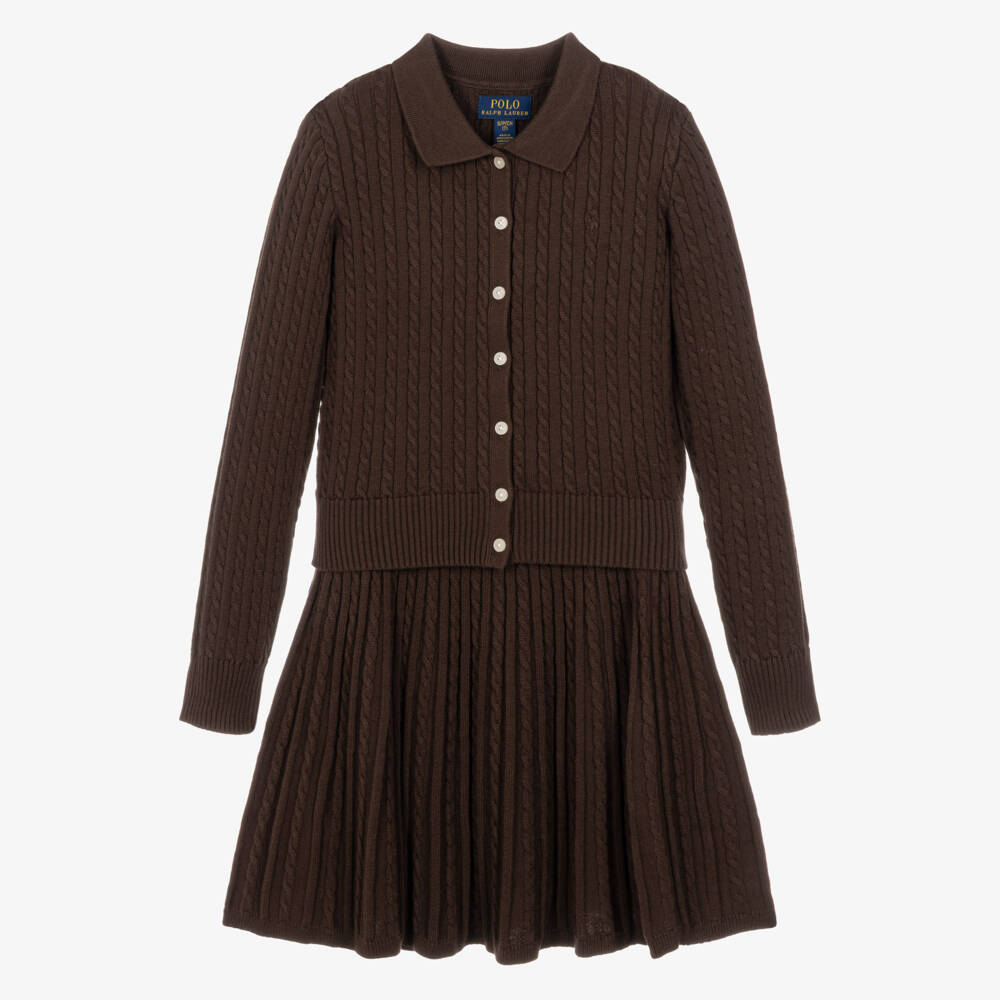Ralph Lauren-Girls Nutmeg Brown Cable Knit Skirt Set | Childrensalon