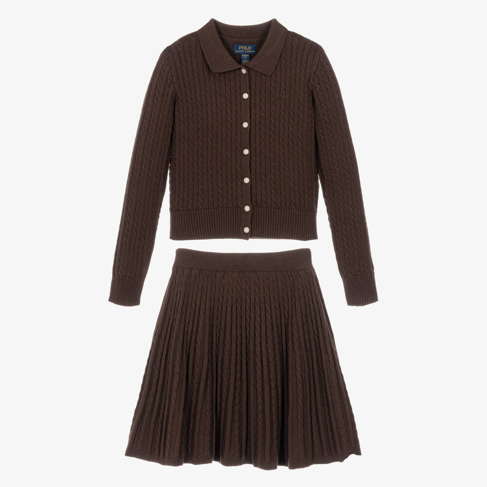 Ralph Lauren-Girls Nutmeg Brown Cable Knit Skirt Set | Childrensalon