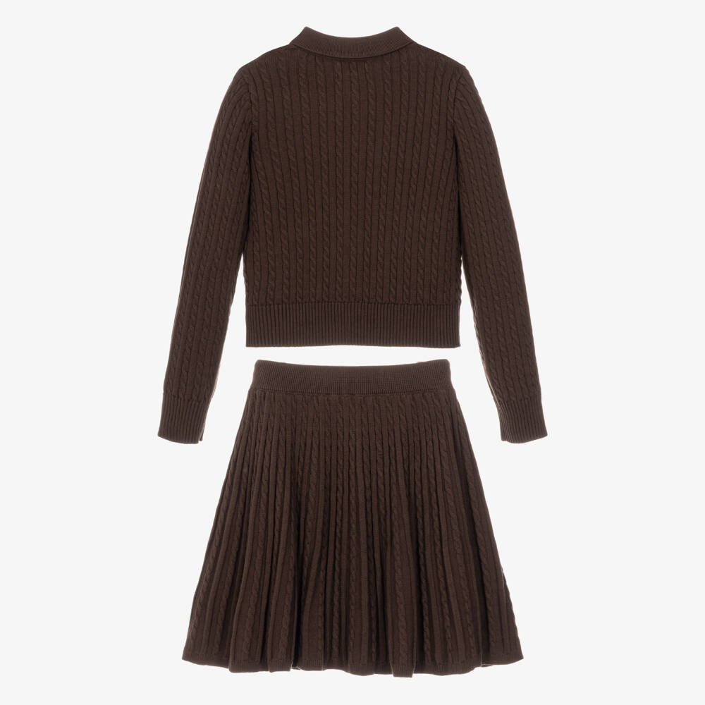 Ralph Lauren-Girls Nutmeg Brown Cable Knit Skirt Set | Childrensalon