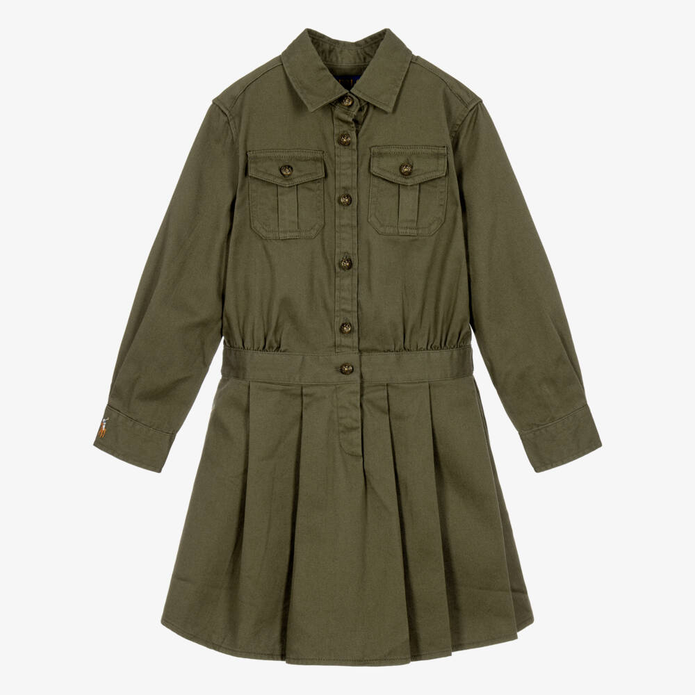 Ralph Lauren-Girls Olive Green Cotton Shirt-Style Dress | Childrensalon