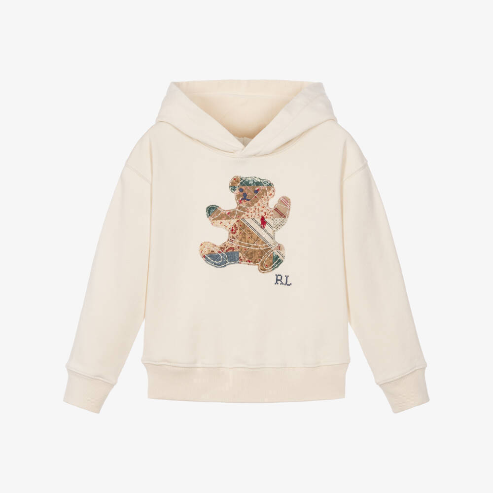 Ralph Lauren-Girls Pale Beige Cotton Patchwork Polo Bear Hoodie | Childrensalon
