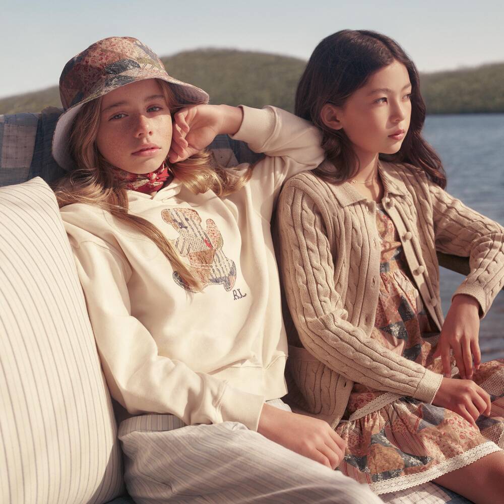 Ralph Lauren-هودي قطن لون بيج فاتح للبنات | Childrensalon