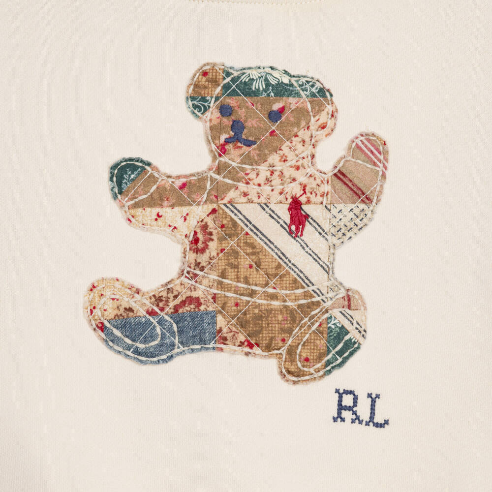 Ralph Lauren-Girls Pale Beige Cotton Patchwork Polo Bear Hoodie | Childrensalon