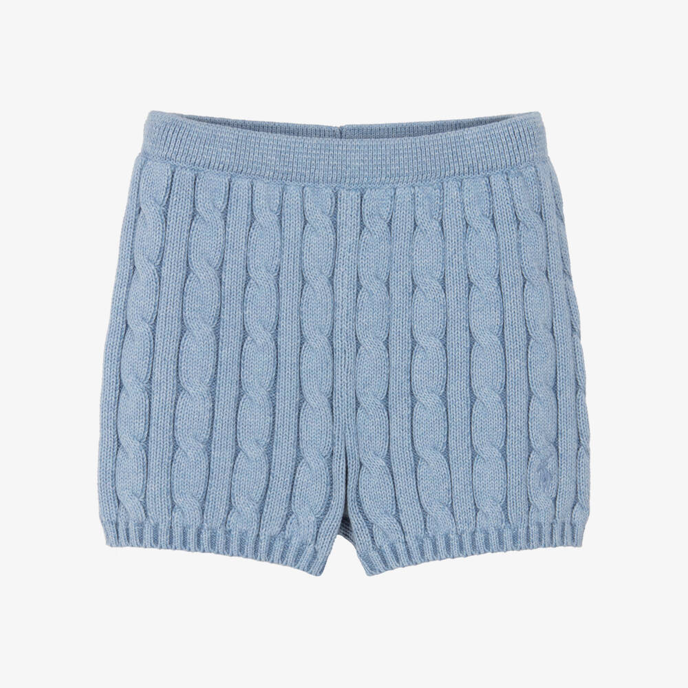 Ralph Lauren-Girls Pale Blue Cotton Cable Knit Shorts | Childrensalon