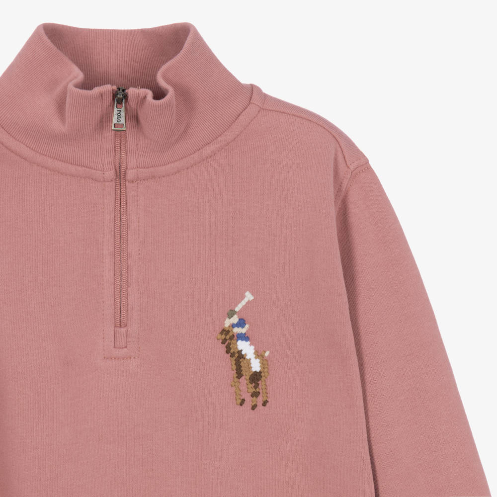 Ralph Lauren-Girls Pink Big Pony Sweatshirt with Quarter-Zip | Childrensalon
