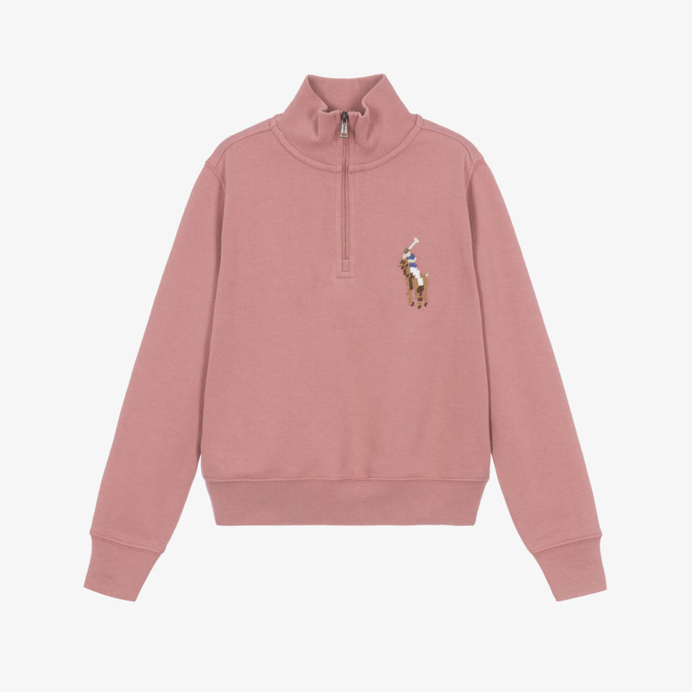 Ralph Lauren-Girls Pink Big Pony Sweatshirt with Quarter-Zip | Childrensalon