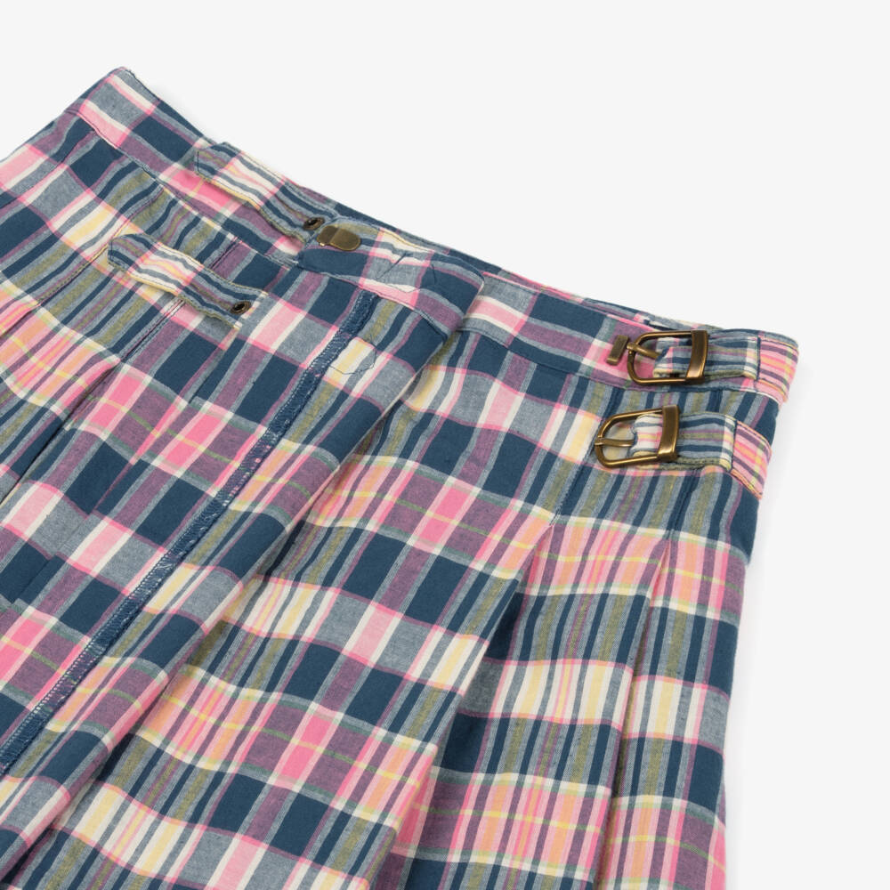 Ralph Lauren-Girls Pink & Blue Check Pleated Cotton Skirt | Childrensalon