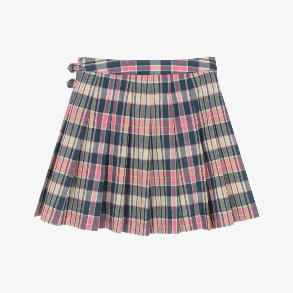 Ralph Lauren-Girls Pink & Blue Check Pleated Cotton Skirt | Childrensalon