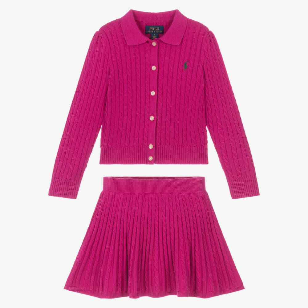 Ralph Lauren-Girls Pink Cable Knit Cotton Skirt Set | Childrensalon