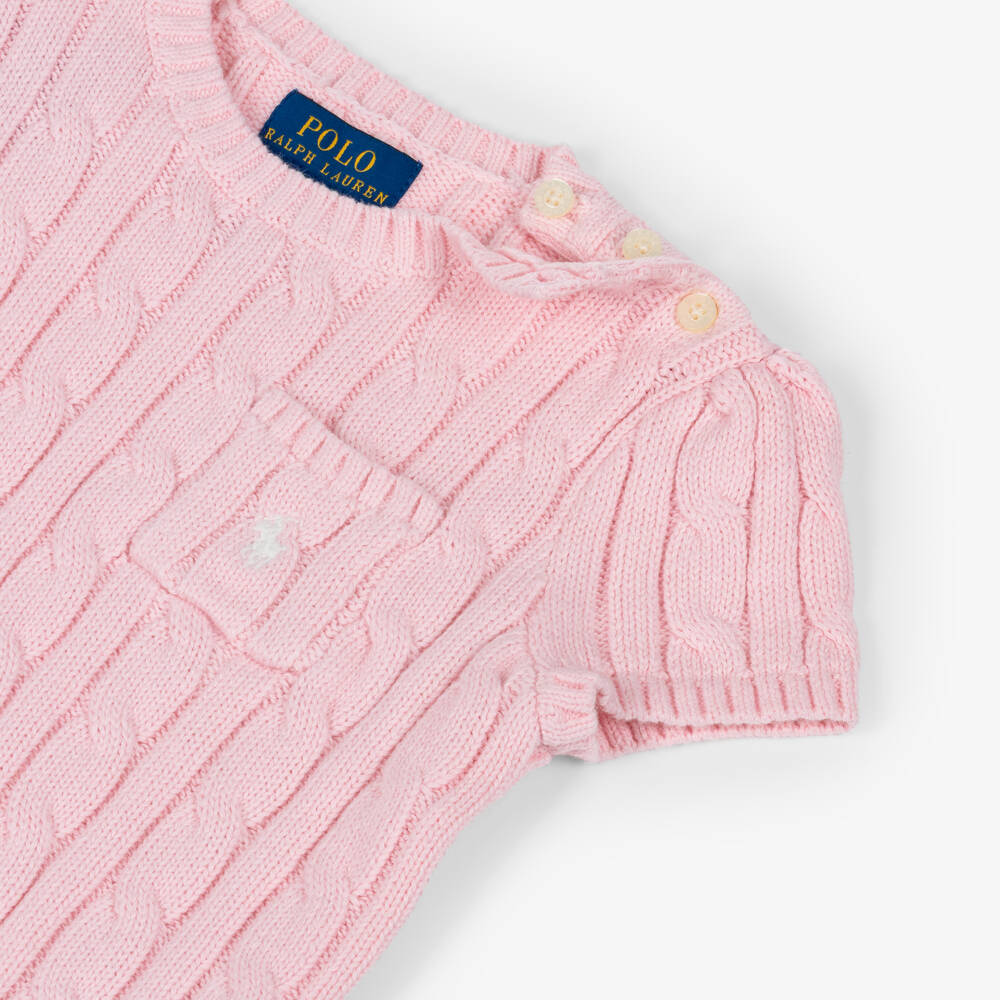 Ralph Lauren-Girls Pink Cable Knit Short Sleeved Sweater | Childrensalon