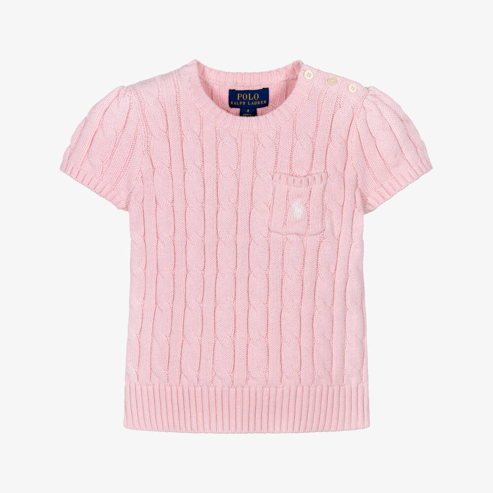 Ralph Lauren-Girls Pink Cable Knit Short Sleeved Sweater | Childrensalon