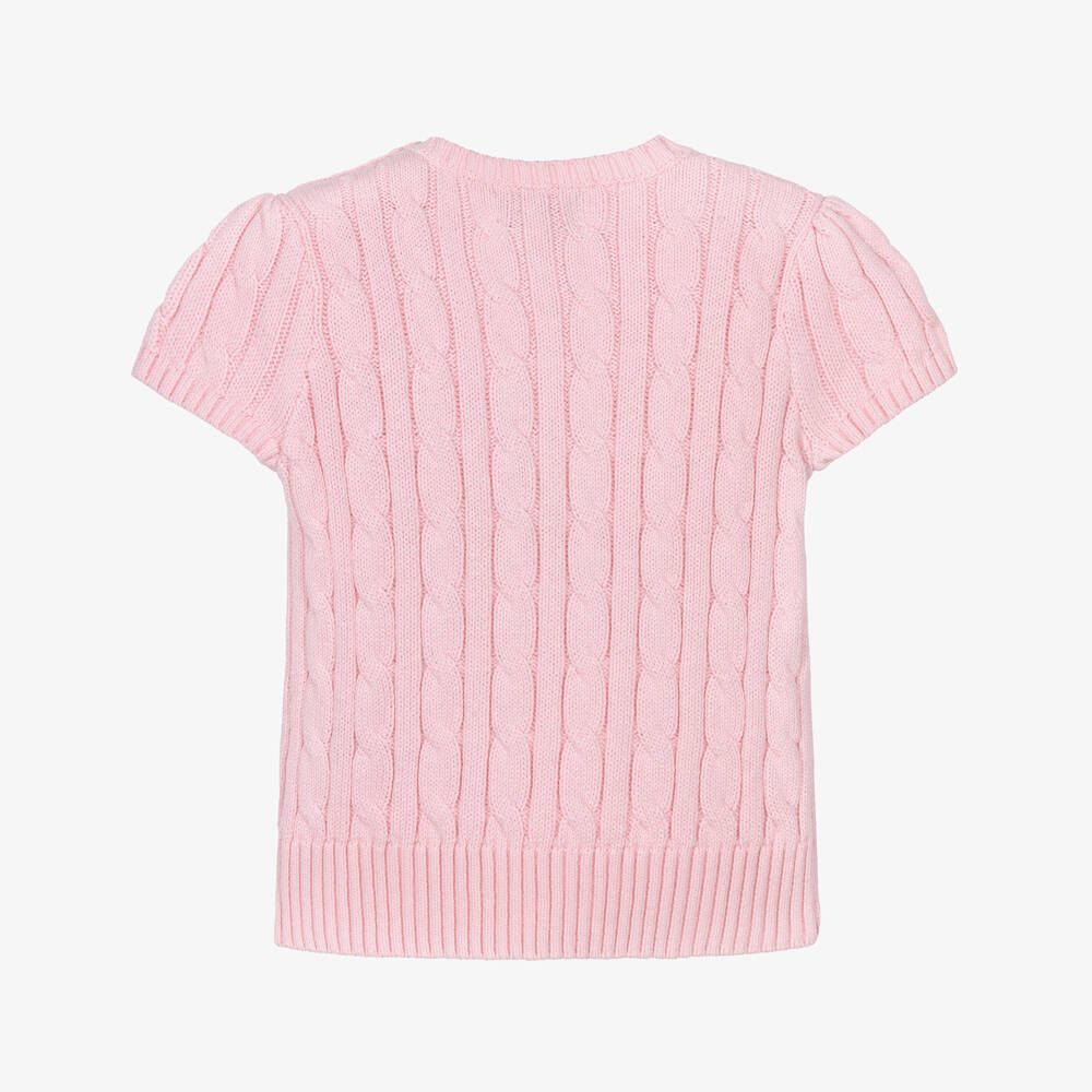 Ralph Lauren-Girls Pink Cable Knit Short Sleeved Sweater | Childrensalon