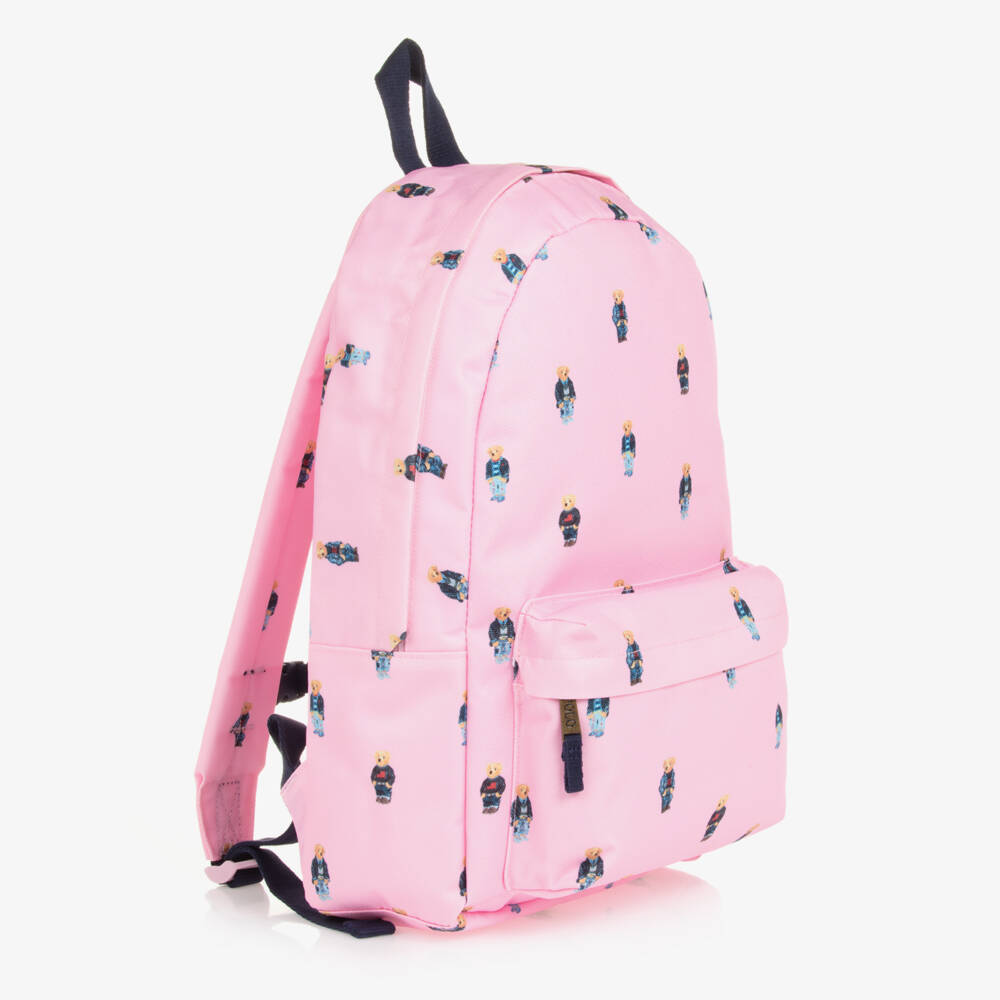 Ralph Lauren-Girls Pink Canvas Polo Bear Backpack (47cm) | Childrensalon