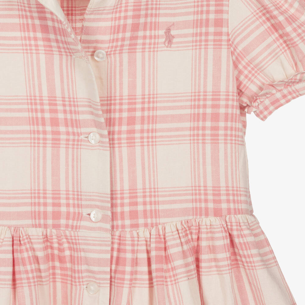 Ralph Lauren-Girls Pink Check Linen & Cotton Shirt Dress | Childrensalon