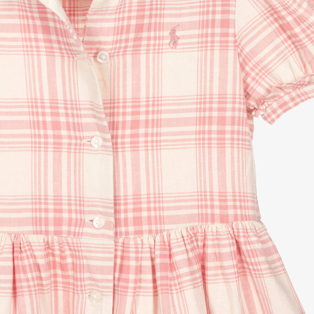 Ralph Lauren-Girls Pink Check Linen & Cotton Shirt Dress | Childrensalon