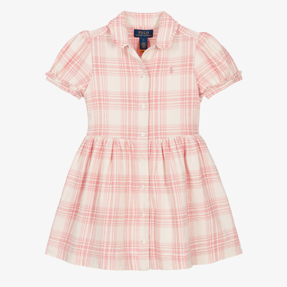 Ralph Lauren-Girls Pink Check Linen & Cotton Shirt Dress | Childrensalon