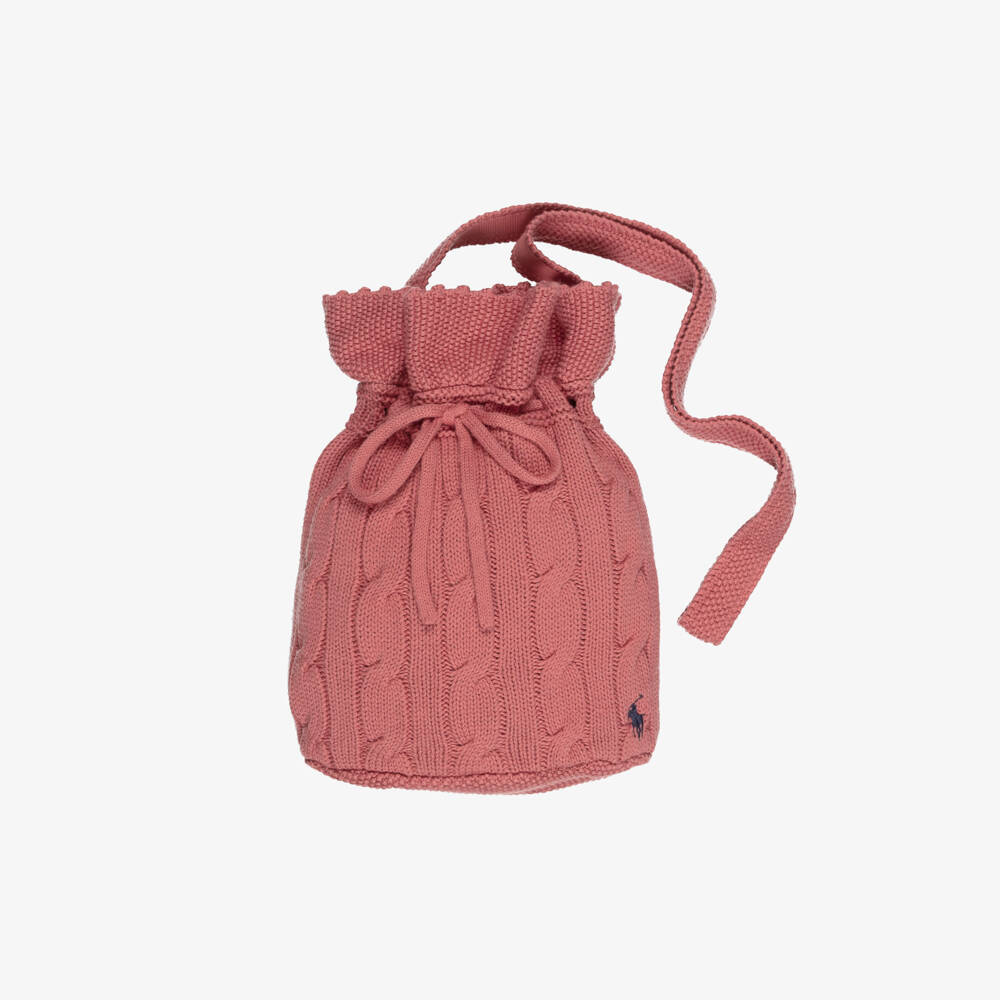 Ralph Lauren-Girls Pink Cotton Cable-Knit Bucket Bag (27cm) | Childrensalon